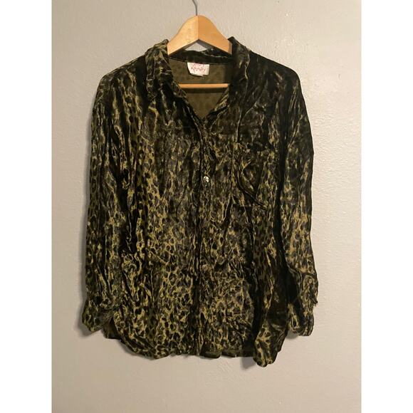 Vintage Womens Tunic Top One Size Green Animal Print Velvet Mob Wife 90s FLAW - Picture 1 of 10
